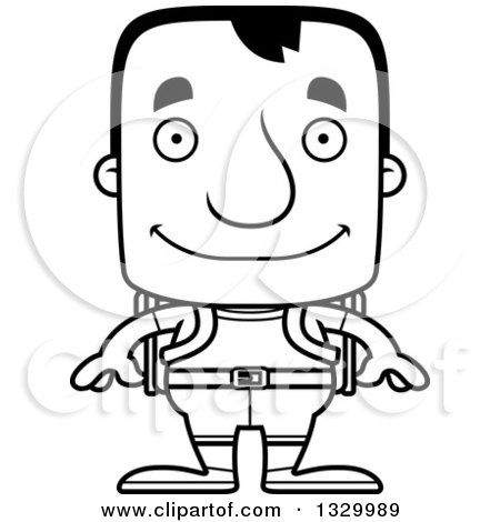Lineart Clipart of a Cartoon Black and White Happy Block Headed White Man Hiker - Royalty Free Outline Vector Illustration by Cory Thoman