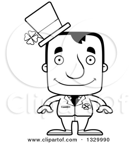 Lineart Clipart of a Cartoon Black and White Happy Block Headed White Irish St Patricks Day Man - Royalty Free Outline Vector Illustration by Cory Thoman