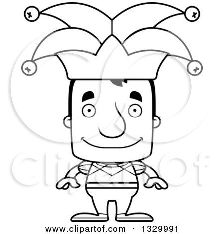 Lineart Clipart of a Cartoon Black and White Happy Block Headed White Man Jester - Royalty Free Outline Vector Illustration by Cory Thoman