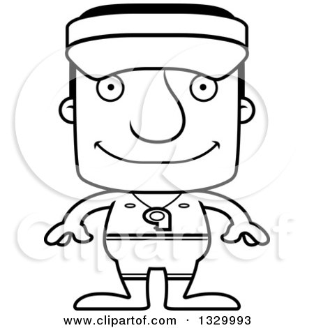 Lineart Clipart of a Cartoon Black and White Happy Block Headed White Man Lifeguard - Royalty Free Outline Vector Illustration by Cory Thoman