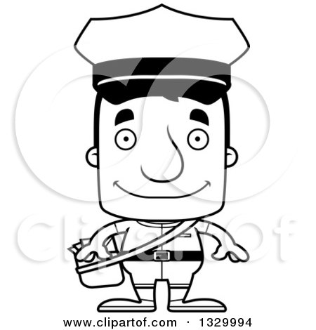 Lineart Clipart of a Cartoon Black and White Happy Block Headed White Mail Man - Royalty Free Outline Vector Illustration by Cory Thoman