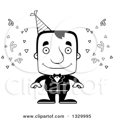 Lineart Clipart of a Cartoon Black and White Happy Block Headed White Party Man - Royalty Free Outline Vector Illustration by Cory Thoman