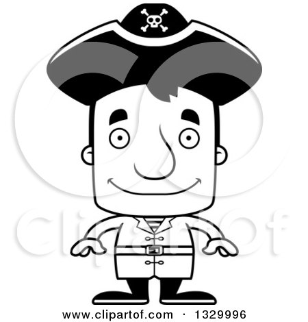 Lineart Clipart of a Cartoon Black and White Happy Block Headed White Man Pirate - Royalty Free Outline Vector Illustration by Cory Thoman