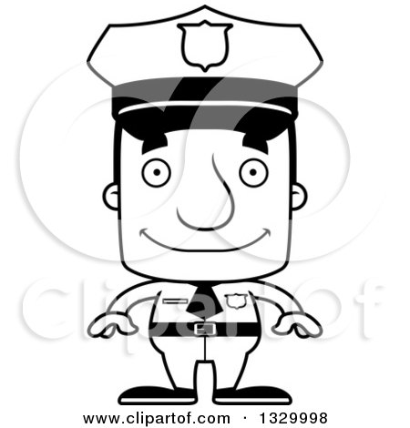 Lineart Clipart of a Cartoon Black and White Happy Block Headed White Man Police Officer - Royalty Free Outline Vector Illustration by Cory Thoman