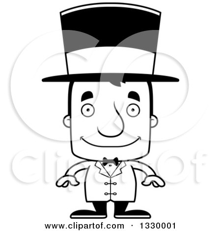 Lineart Clipart of a Cartoon Black and White Happy Block Headed White Man Circus Ringmaster - Royalty Free Outline Vector Illustration by Cory Thoman