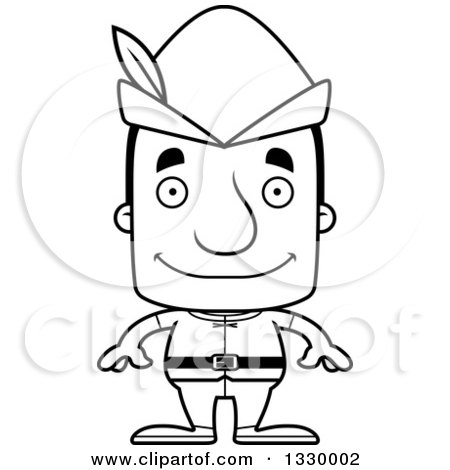 Lineart Clipart of a Cartoon Black and White Happy Block Headed White Robin Hood Man - Royalty Free Outline Vector Illustration by Cory Thoman