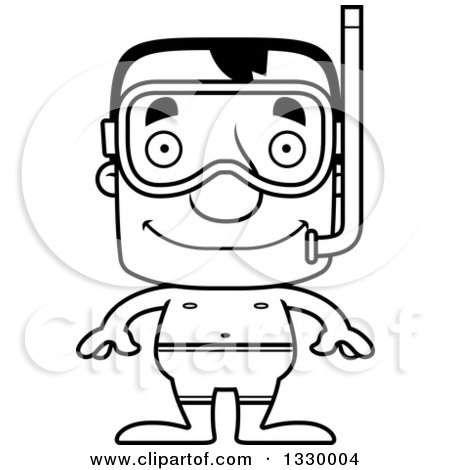 Lineart Clipart of a Cartoon Black and White Happy Block Headed White Man in Snorkel Gear - Royalty Free Outline Vector Illustration by Cory Thoman
