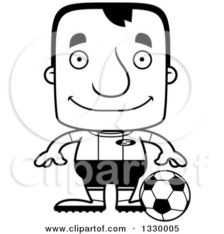 Lineart Clipart of a Cartoon Black and White Happy Block Headed White Man Soccer Player - Royalty Free Outline Vector Illustration by Cory Thoman