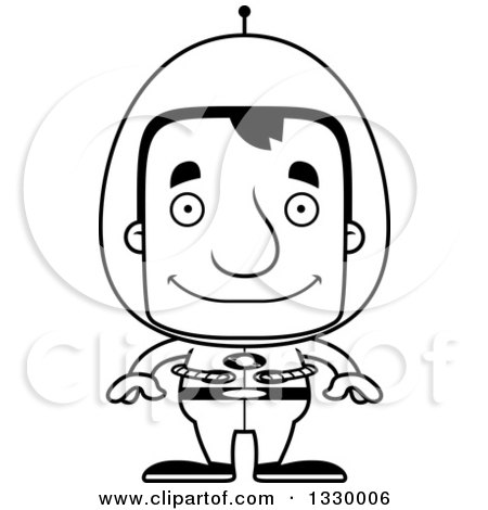 Lineart Clipart of a Cartoon Black and White Happy Block Headed Futuristic White Space Man - Royalty Free Outline Vector Illustration by Cory Thoman