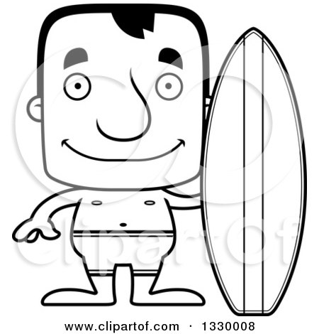 Lineart Clipart of a Cartoon Black and White Happy Block Headed White Man Surfer - Royalty Free Outline Vector Illustration by Cory Thoman