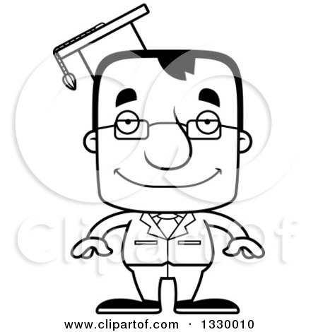 Lineart Clipart of a Cartoon Black and White Happy Block Headed White Man Professor - Royalty Free Outline Vector Illustration by Cory Thoman