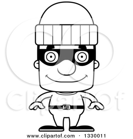 Lineart Clipart of a Cartoon Black and White Happy Block Headed White Man Burglar - Royalty Free Outline Vector Illustration by Cory Thoman