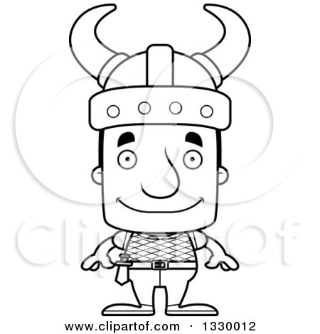 Lineart Clipart of a Cartoon Black and White Happy Block Headed White Viking Man - Royalty Free Outline Vector Illustration by Cory Thoman