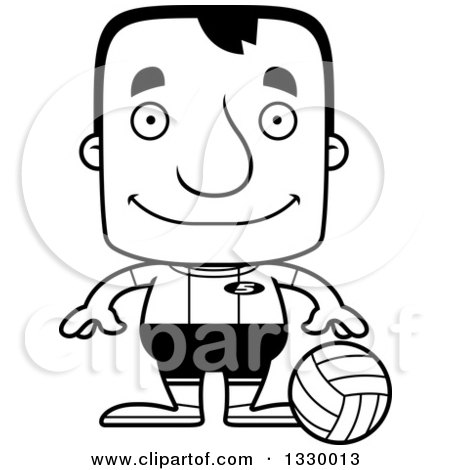Lineart Clipart of a Cartoon Black and White Happy Block Headed White Man Volleyball Player - Royalty Free Outline Vector Illustration by Cory Thoman