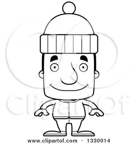 Lineart Clipart of a Cartoon Black and White Happy Block Headed White Man in Winter Clothes - Royalty Free Outline Vector Illustration by Cory Thoman