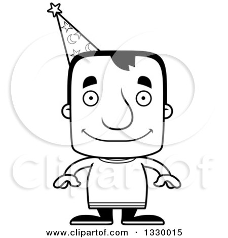 Lineart Clipart of a Cartoon Black and White Happy Block Headed White Man Wizard - Royalty Free Outline Vector Illustration by Cory Thoman