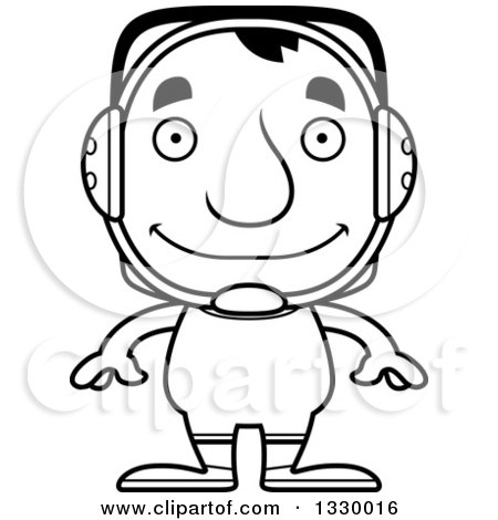Lineart Clipart of a Cartoon Black and White Happy Block Headed White Man Wrestler - Royalty Free Outline Vector Illustration by Cory Thoman