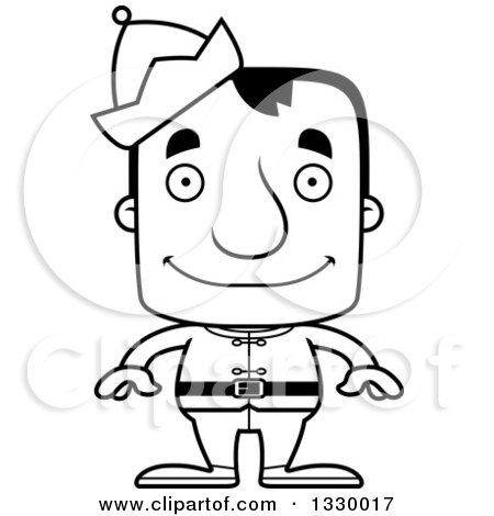 Lineart Clipart of a Cartoon Black and White Mad Block Headed White Man Christmas Elf - Royalty Free Outline Vector Illustration by Cory Thoman