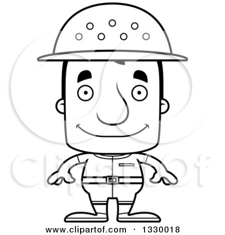 Lineart Clipart of a Cartoon Black and White Happy Block Headed White Man Zookeeper - Royalty Free Outline Vector Illustration by Cory Thoman