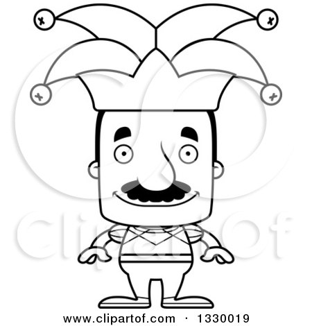 Lineart Clipart of a Cartoon Black and White Happy Block Headed Hispanic Jester Man with a Mustache - Royalty Free Outline Vector Illustration by Cory Thoman