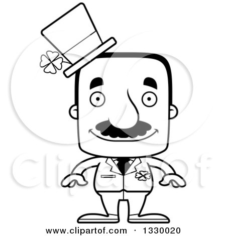 Lineart Clipart of a Cartoon Black and White Happy Block Headed Hispanic St Patricks Day Man with a Mustache - Royalty Free Outline Vector Illustration by Cory Thoman