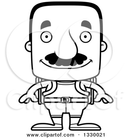 Lineart Clipart of a Cartoon Black and White Happy Block Headed Hispanic Hiker Man with a Mustache - Royalty Free Outline Vector Illustration by Cory Thoman