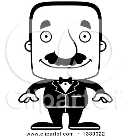 Lineart Clipart of a Cartoon Black and White Happy Block Headed Hispanic Groom Man with a Mustache - Royalty Free Outline Vector Illustration by Cory Thoman