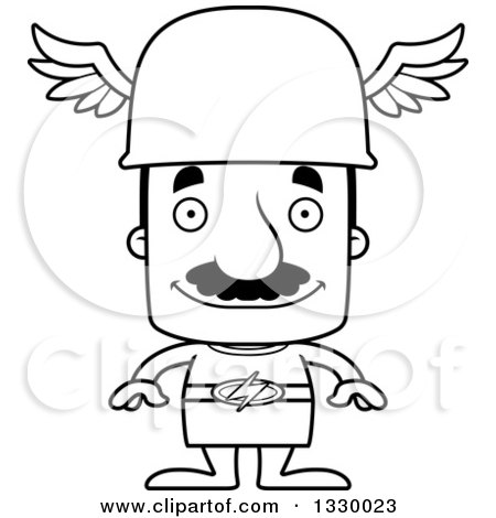 Lineart Clipart of a Cartoon Black and White Happy Block Headed Hispanic Hermes Man with a Mustache - Royalty Free Outline Vector Illustration by Cory Thoman