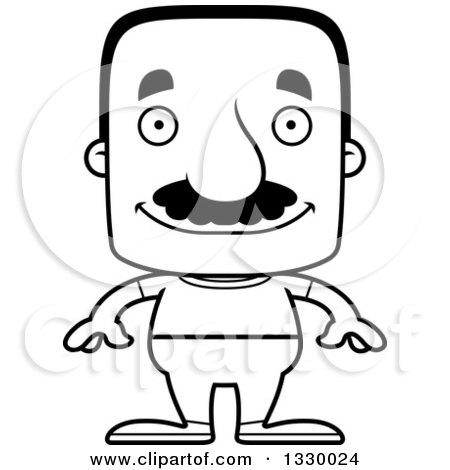 Lineart Clipart of a Cartoon Black and White Happy Block Headed Casual Hispanic Man with a Mustache - Royalty Free Outline Vector Illustration by Cory Thoman