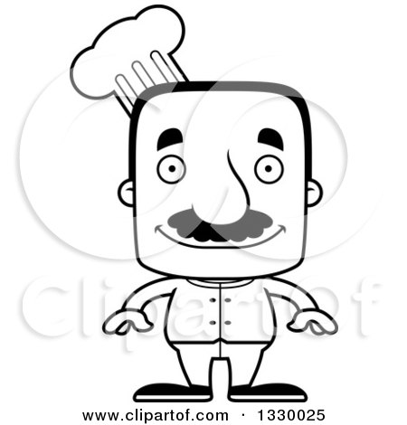 Lineart Clipart of a Cartoon Black and White Happy Block Headed Hispanic Chef Man with a Mustache - Royalty Free Outline Vector Illustration by Cory Thoman