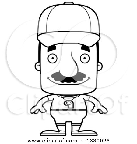 Lineart Clipart of a Cartoon Black and White Happy Block Headed Hispanic Sports Coach Man with a Mustache - Royalty Free Outline Vector Illustration by Cory Thoman
