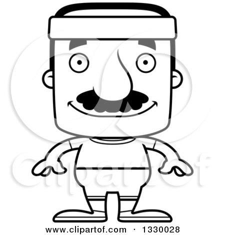 Lineart Clipart of a Cartoon Black and White Happy Block Headed Fit Hispanic Man with a Mustache - Royalty Free Outline Vector Illustration by Cory Thoman