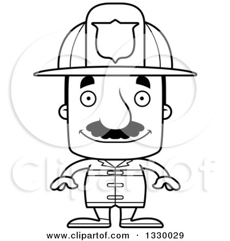 Lineart Clipart of a Cartoon Black and White Happy Block Headed Hispanic Fire Man with a Mustache - Royalty Free Outline Vector Illustration by Cory Thoman