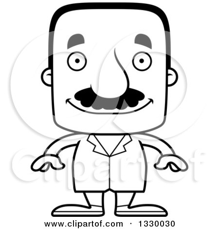 Lineart Clipart of a Cartoon Black and White Happy Block Headed Hispanic Doctor Man with a Mustache - Royalty Free Outline Vector Illustration by Cory Thoman