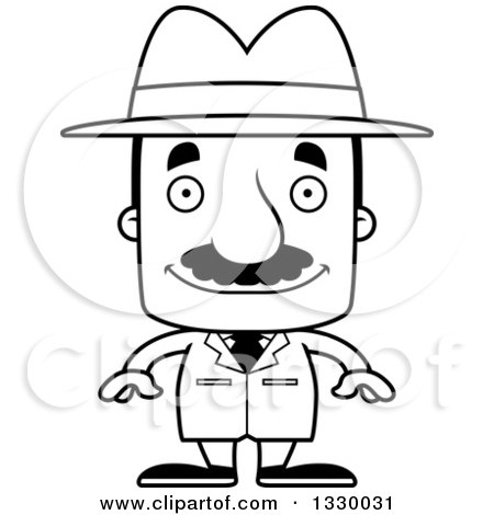 Lineart Clipart of a Cartoon Black and White Happy Block Headed Hispanic Detective Man with a Mustache - Royalty Free Outline Vector Illustration by Cory Thoman