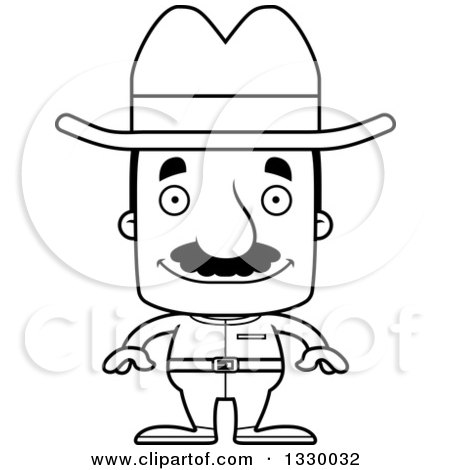 Lineart Clipart of a Cartoon Black and White Happy Block Headed Hispanic Cowboy Man with a Mustache - Royalty Free Outline Vector Illustration by Cory Thoman