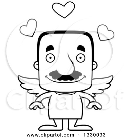 Lineart Clipart of a Cartoon Black and White Happy Block Headed Hispanic Cupid Man with a Mustache - Royalty Free Outline Vector Illustration by Cory Thoman