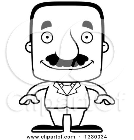 Lineart Clipart of a Cartoon Black and White Happy Block Headed Hispanic Business Man with a Mustache - Royalty Free Outline Vector Illustration by Cory Thoman