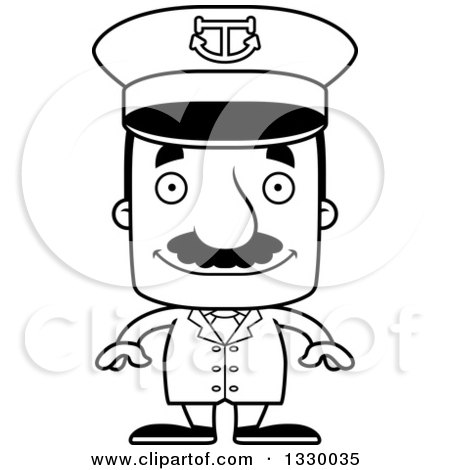 Lineart Clipart of a Cartoon Black and White Happy Block Headed Hispanic Boat Captain Man with a Mustache - Royalty Free Outline Vector Illustration by Cory Thoman