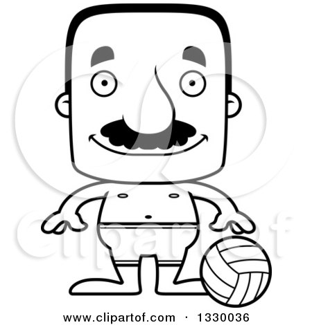 Lineart Clipart of a Cartoon Black and White Happy Block Headed Hispanic Beach Volleyball Player Man with a Mustache - Royalty Free Outline Vector Illustration by Cory Thoman