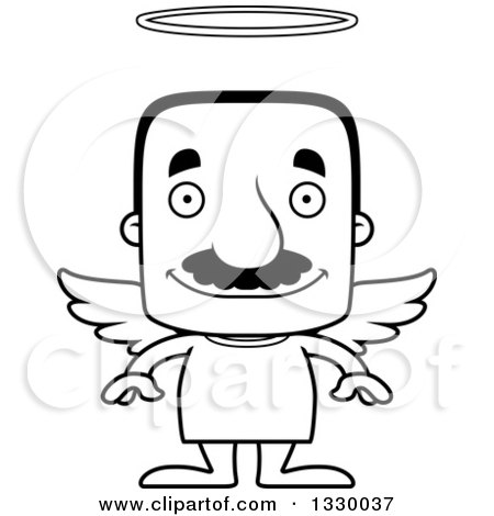 Lineart Clipart of a Cartoon Black and White Happy Block Headed Hispanic Angel Man with a Mustache - Royalty Free Outline Vector Illustration by Cory Thoman