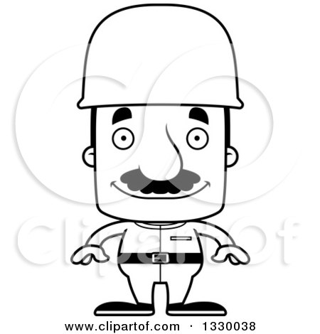 Lineart Clipart of a Cartoon Black and White Happy Block Headed Hispanic Soldier Man with a Mustache - Royalty Free Outline Vector Illustration by Cory Thoman