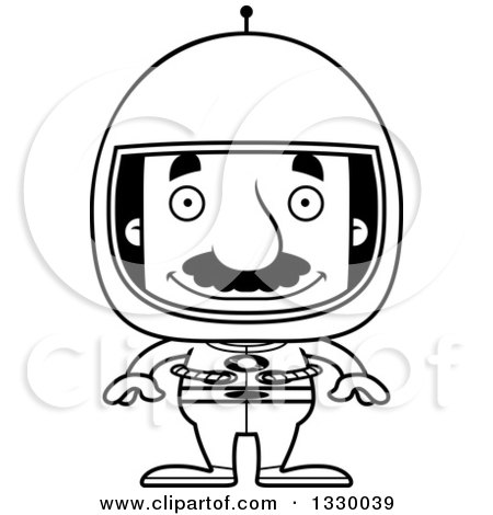 Lineart Clipart of a Cartoon Black and White Happy Block Headed Hispanic Astronaut Man with a Mustache - Royalty Free Outline Vector Illustration by Cory Thoman
