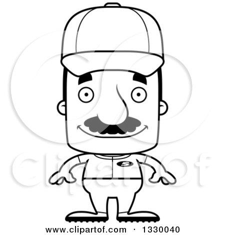 Lineart Clipart of a Cartoon Black and White Happy Block Headed Hispanic Baseball Player Man with a Mustache - Royalty Free Outline Vector Illustration by Cory Thoman