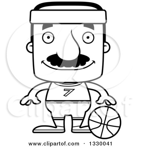 Lineart Clipart of a Cartoon Black and White Happy Block Headed Hispanic Basketball Player Man with a Mustache - Royalty Free Outline Vector Illustration by Cory Thoman