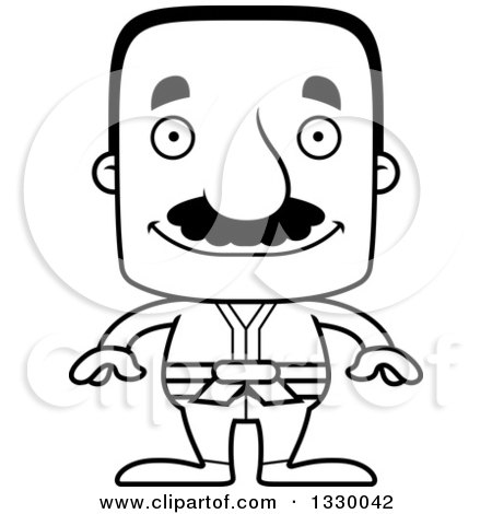 Lineart Clipart of a Cartoon Black and White Happy Block Headed Hispanic Karate Man with a Mustache - Royalty Free Outline Vector Illustration by Cory Thoman