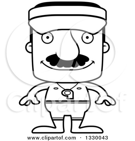 Lineart Clipart of a Cartoon Black and White Happy Block Headed Hispanic Lifeguard Man with a Mustache - Royalty Free Outline Vector Illustration by Cory Thoman