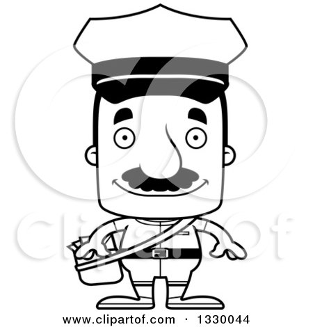 Lineart Clipart of a Cartoon Black and White Happy Block Headed Hispanic Mail Man with a Mustache - Royalty Free Outline Vector Illustration by Cory Thoman