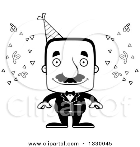 Lineart Clipart of a Cartoon Black and White Happy Block Headed Hispanic Party Man with a Mustache - Royalty Free Outline Vector Illustration by Cory Thoman
