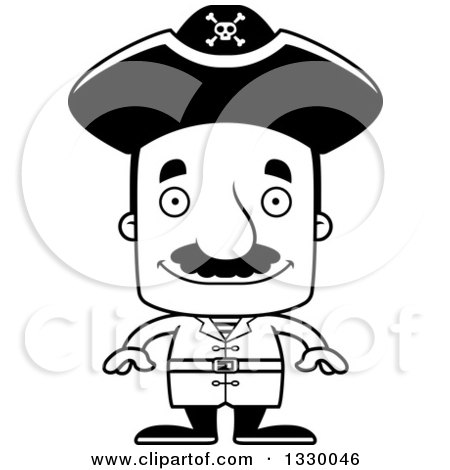 Lineart Clipart of a Cartoon Black and White Happy Block Headed Hispanic Pirate Man with a Mustache - Royalty Free Outline Vector Illustration by Cory Thoman